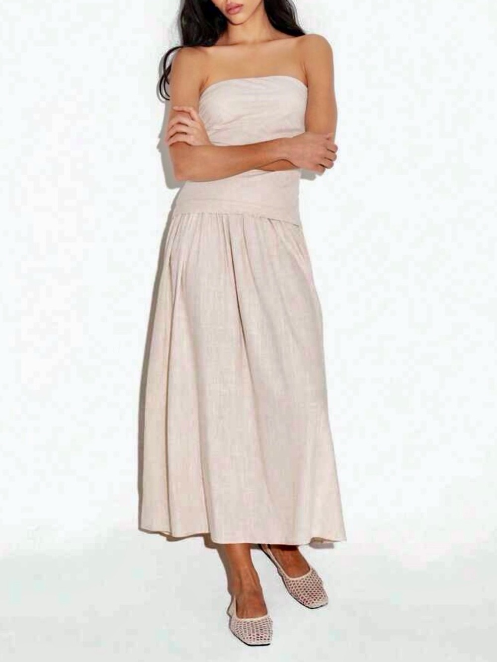 Strapless linen cream Maxi Dress - Elegant Summer Silhouette - Picture 2 of 5